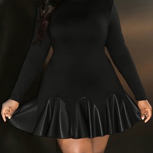 Robe à manches longues à col rond avec ourlet peplum non extensible en tissu tricoté