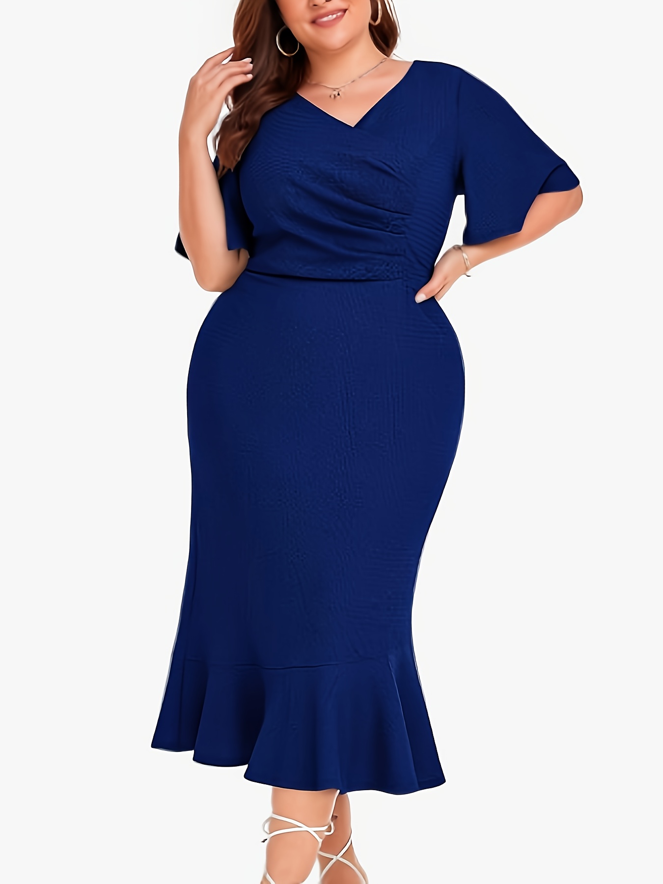 Robe sirène moulante extensible à manches courtes en col V avec ourlet à volants & plis – Image 6