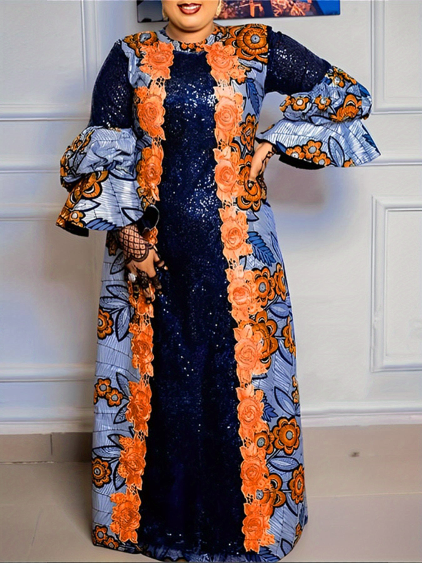 Robe africaine ample imprimé floral à manches longues à col rond en tissu tissé non extensible – Image 9