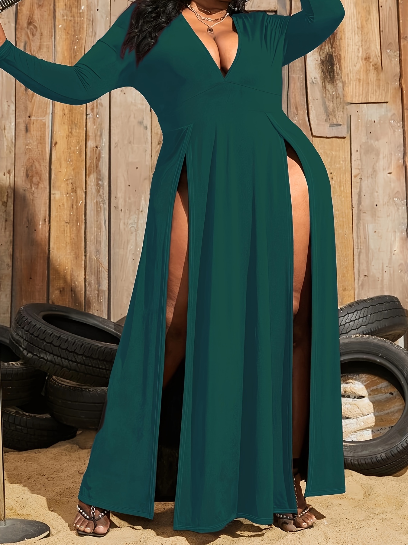 Robe sexy évasée à col V profond à manches longues – Image 8