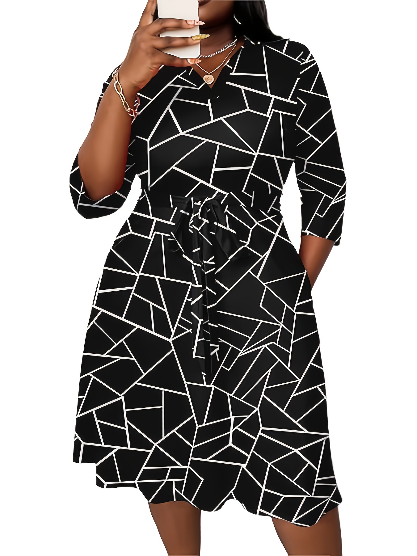Robe extensible à col V avec ceinture à manches mi-longues – Image 2