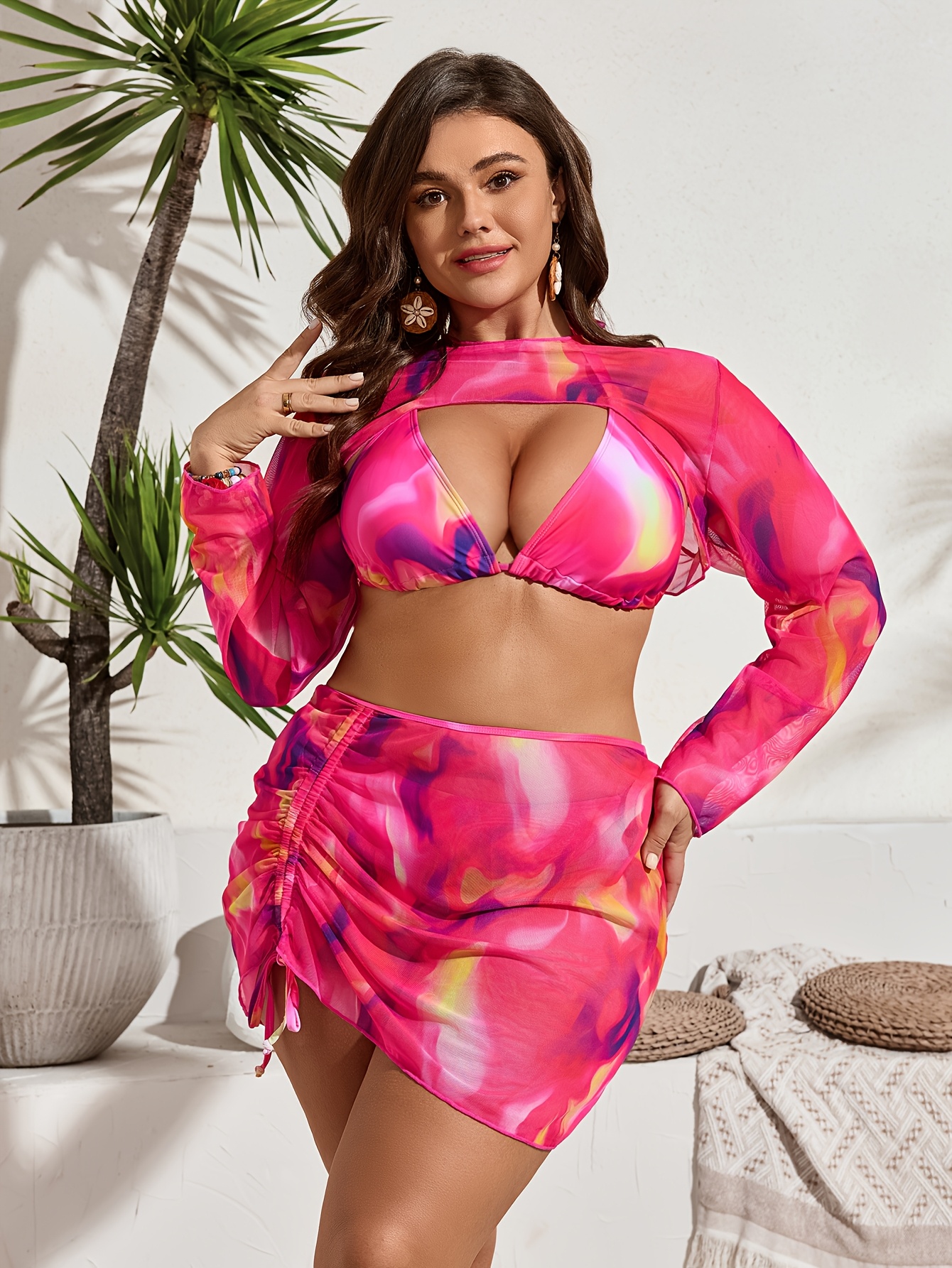 Bikini 3 pièces avec veste en maille & bretelle au cou – Image 4