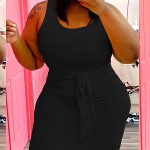 Robe sans manches avec ceinture à encolure dégagée à élasticité moyenne en tissu tricoté