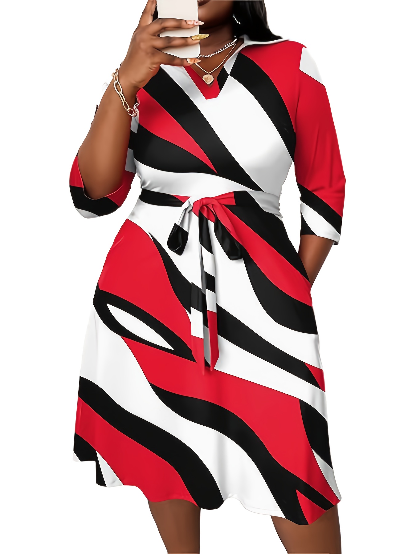 Robe extensible à col V avec ceinture à manches mi-longues – Image 6