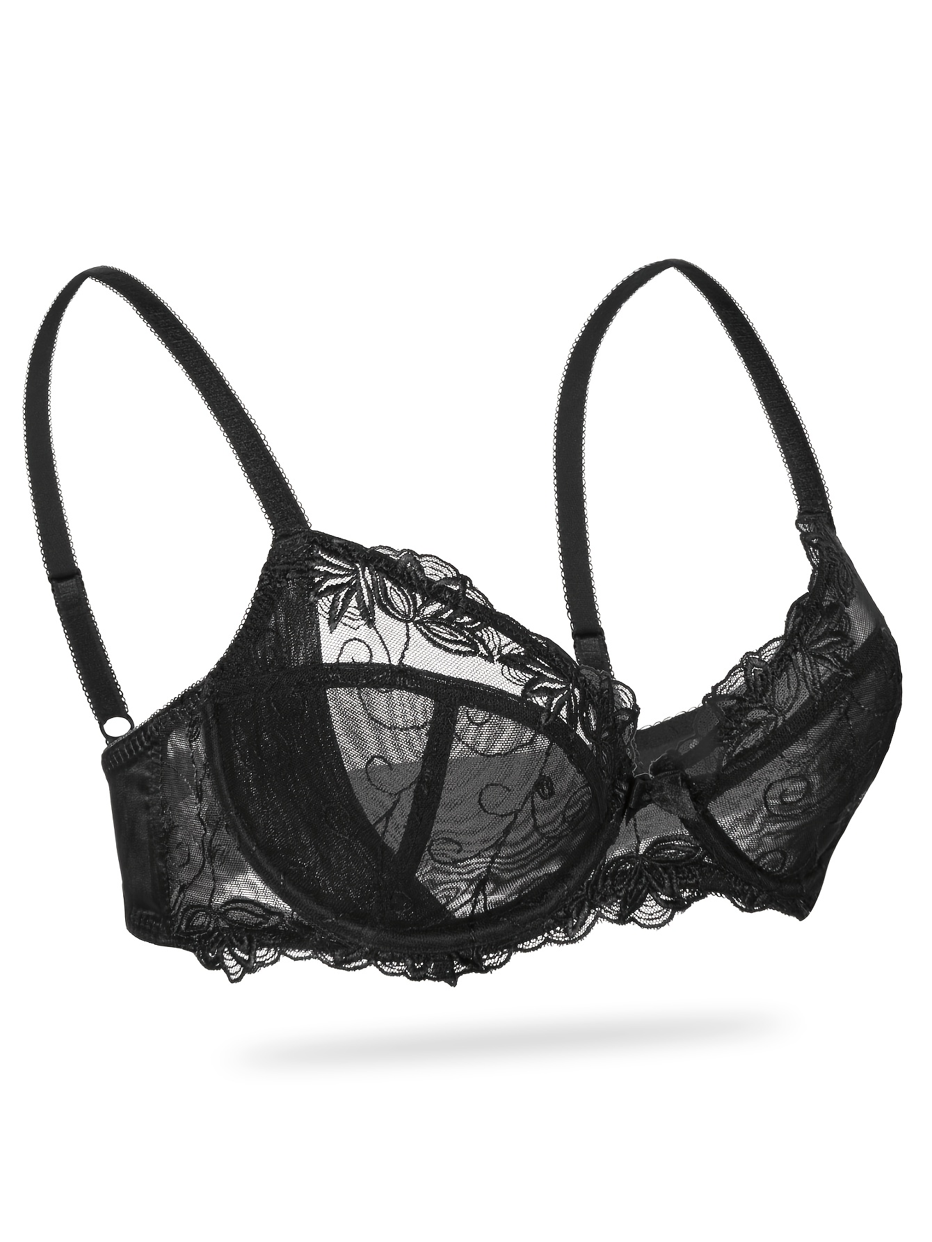 Soutien gorge en dentelle semi-transparente avec détail floral brodé & non doublé – Image 8