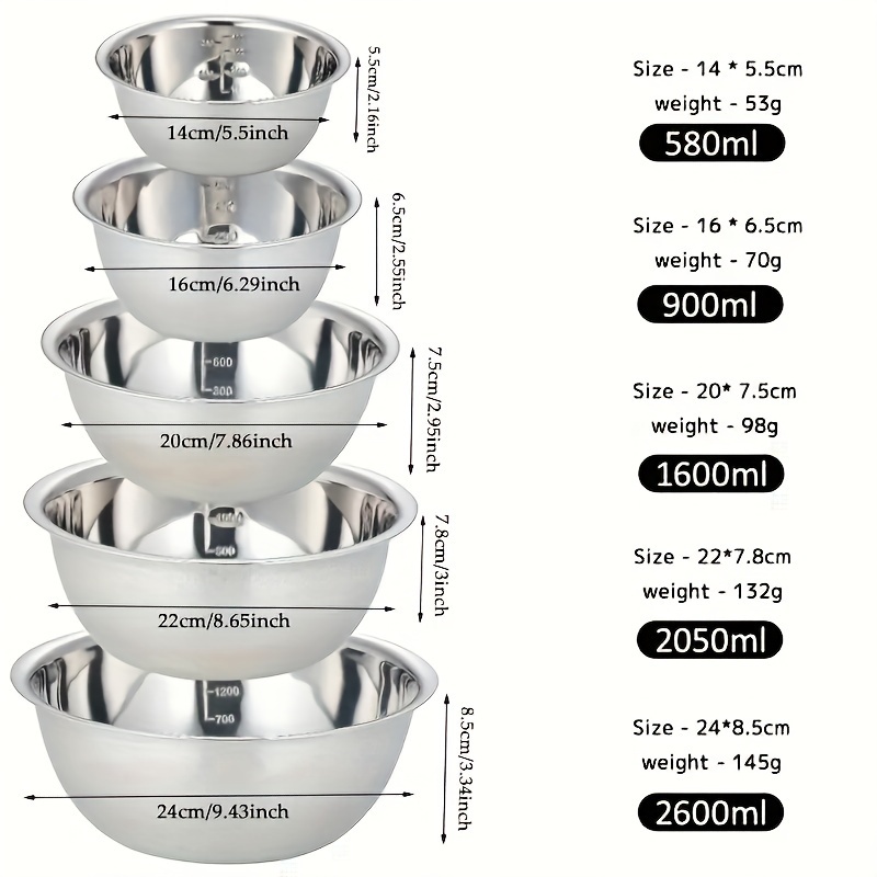 5 bols à mélanger en acier inoxydable