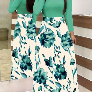 Robe élégante à manches longues imprimé floral à col rond à blocs de couleur