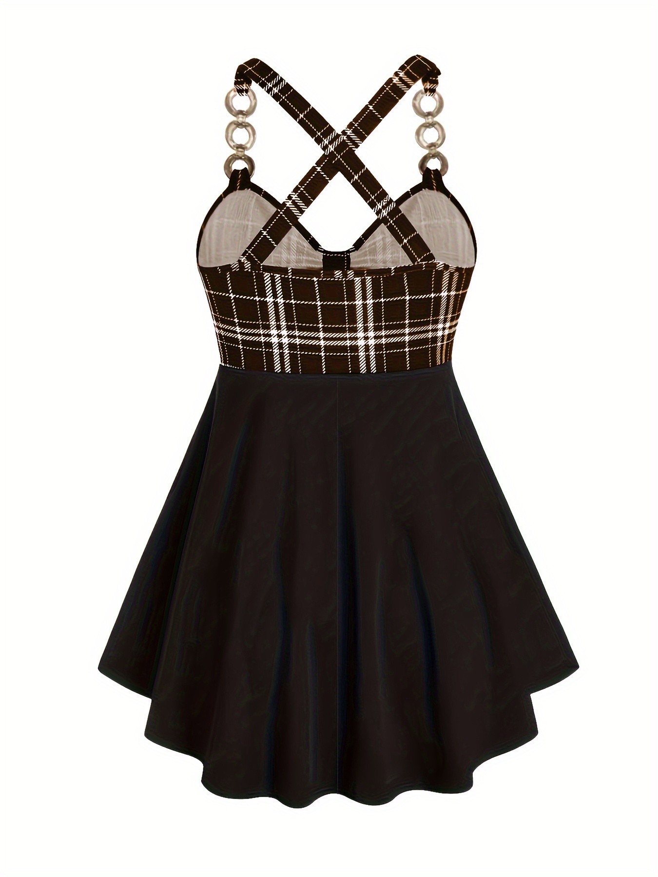 Robe élégante avec imprimé à carreaux & bretelles en métal sans manches – Image 9