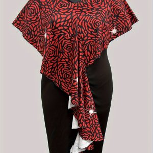 Robe sexy moulante à manches cape à col V avec bordure à volants & imprimé rose