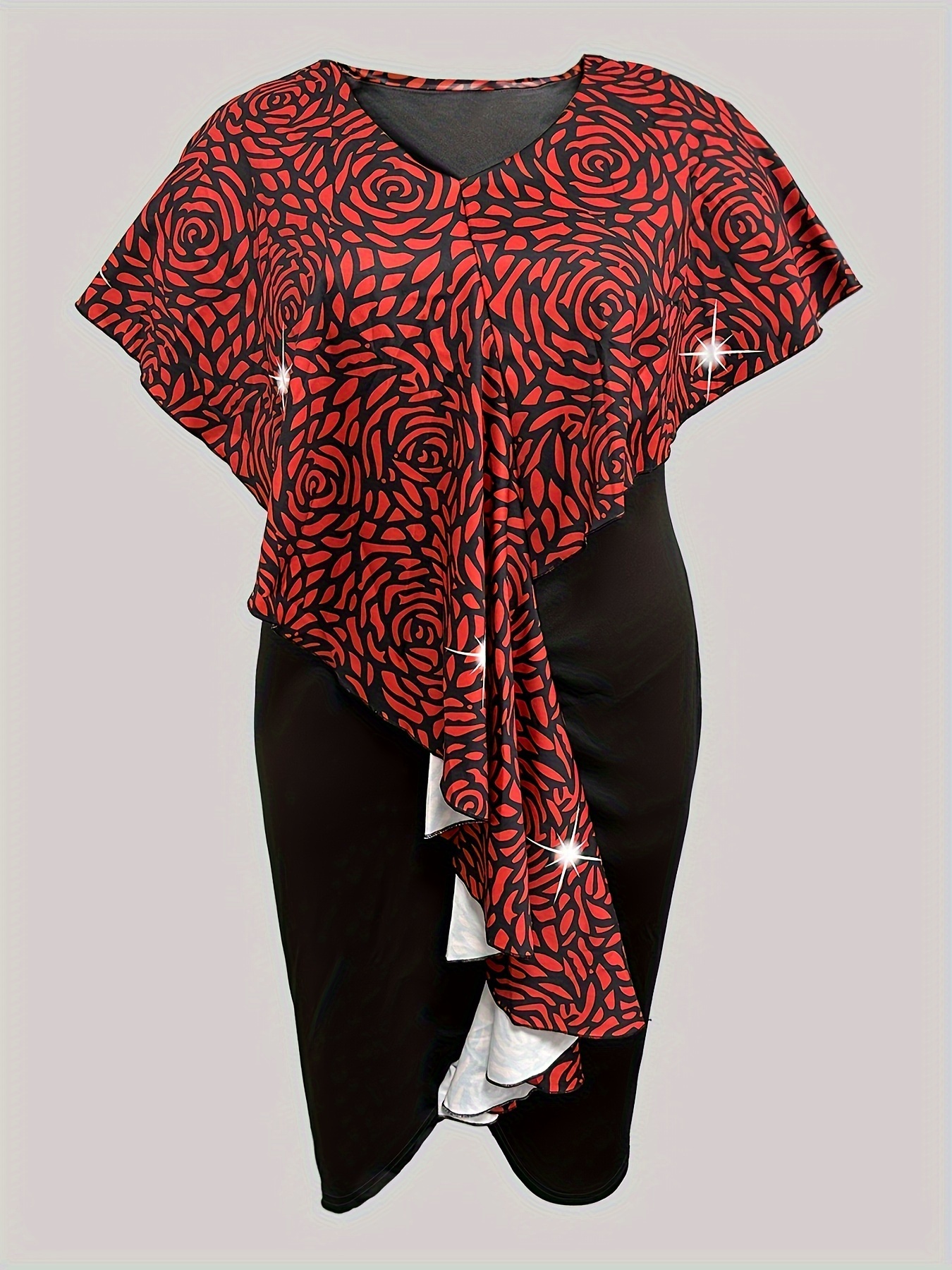 Robe sexy moulante à manches cape à col V avec bordure à volants & imprimé rose