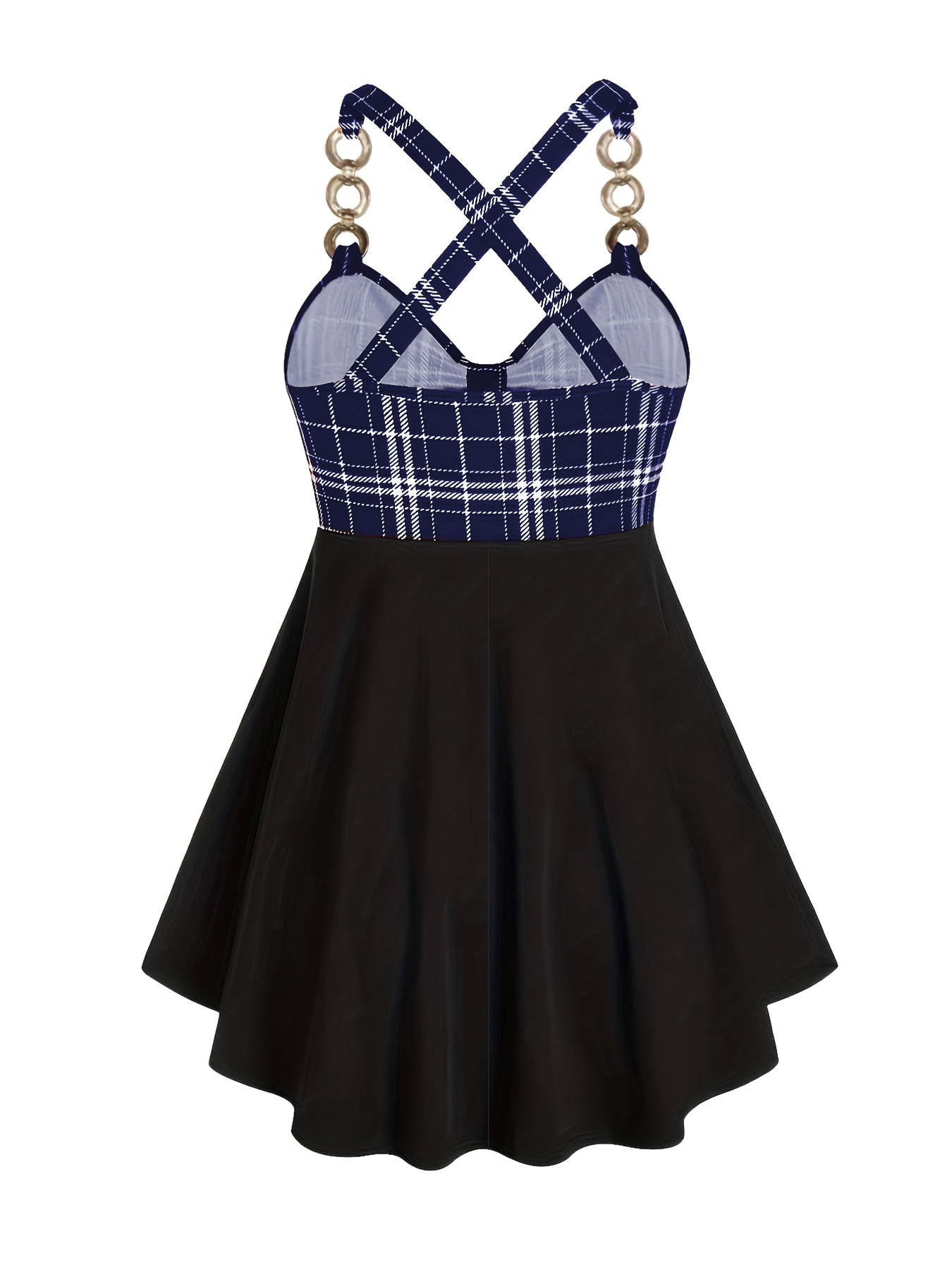 Robe élégante avec imprimé à carreaux & bretelles en métal sans manches – Image 10