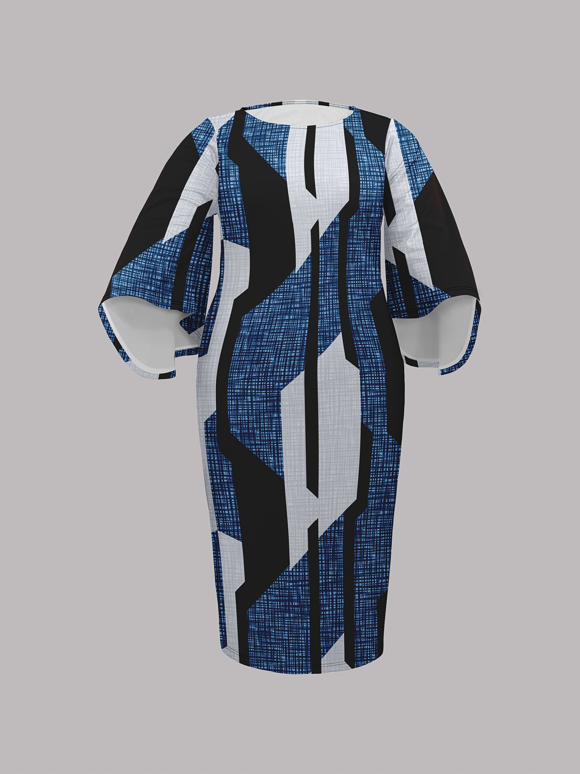 Robe à manches évasées à col rond imprimé blocs géométriques de couleur – Image 5