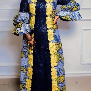 Robe africaine ample imprimé floral à manches longues à col rond en tissu tissé non extensible