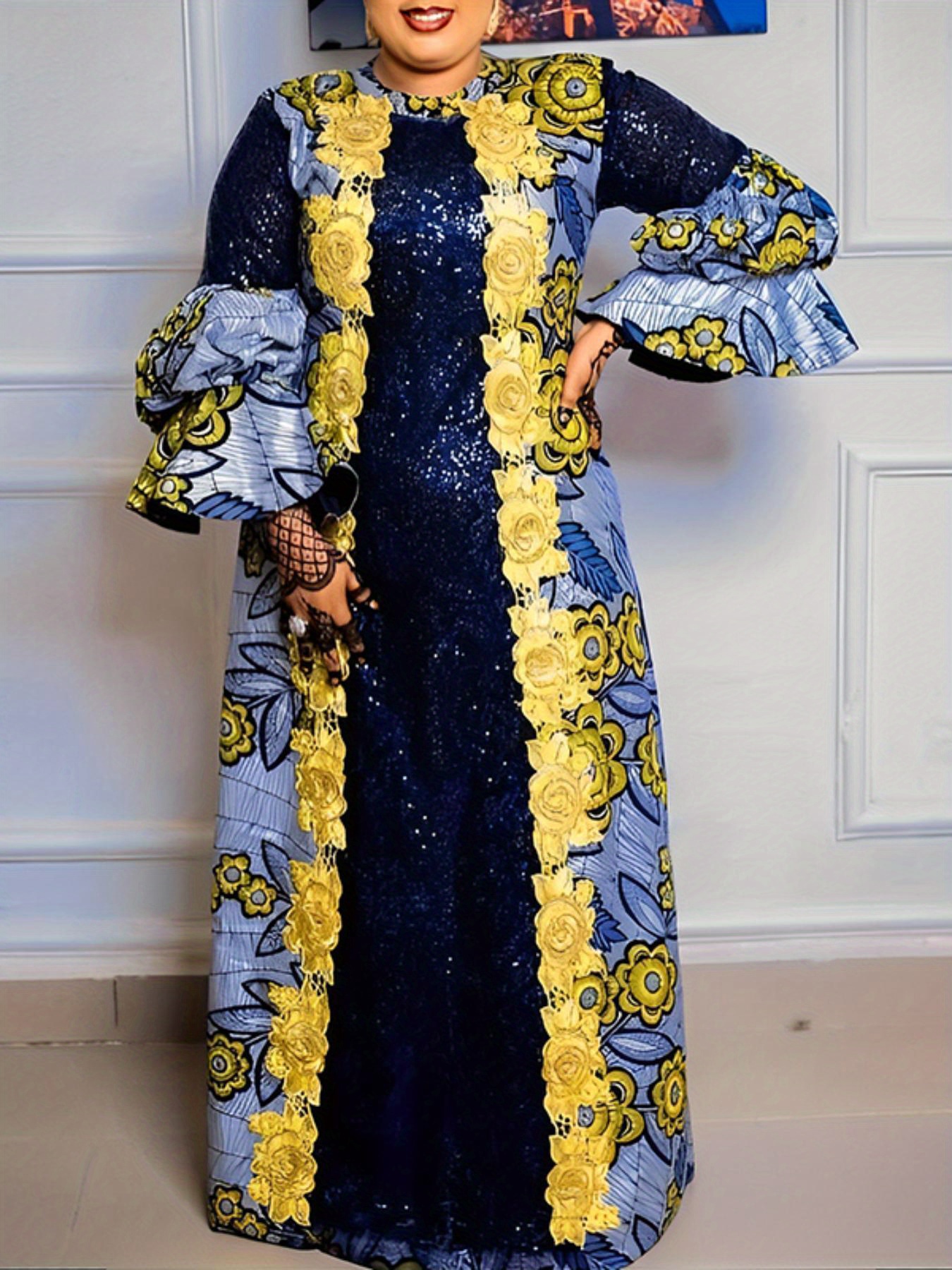 Robe africaine ample imprimé floral à manches longues à col rond en tissu tissé non extensible