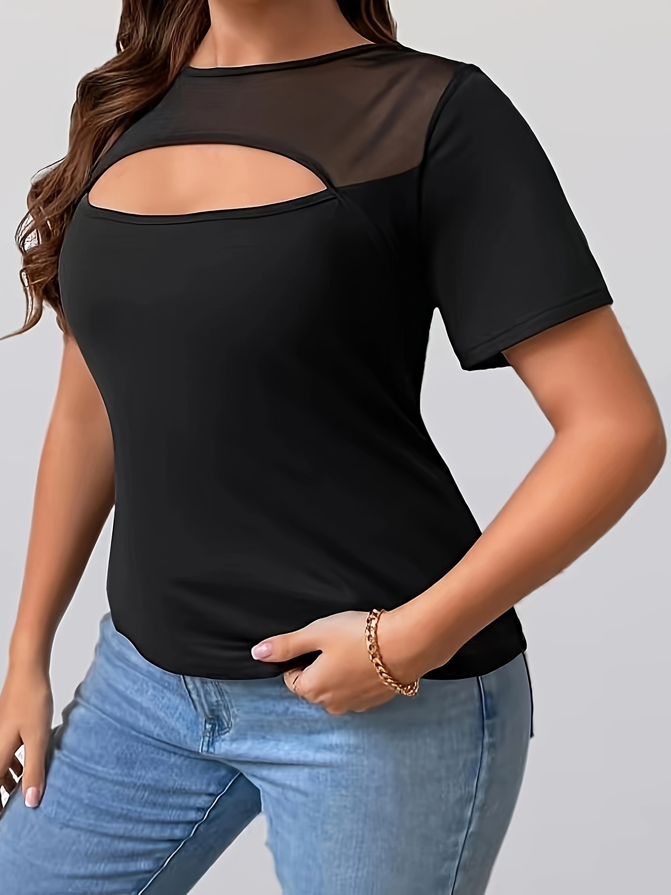 T-shirt élégant extensible décolleté avec détail en maille à manches courtes à col rond – Image 4