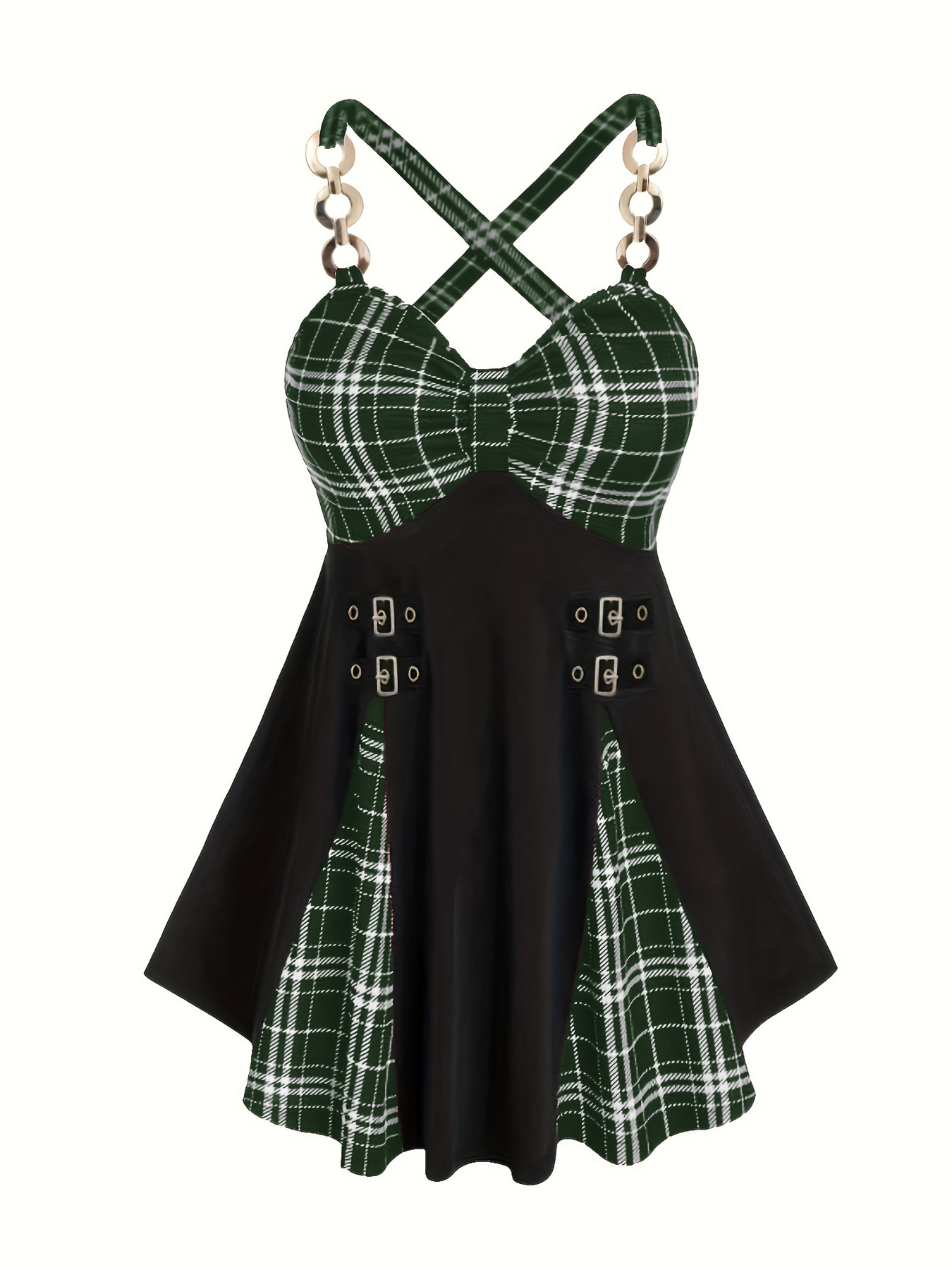 Robe élégante avec imprimé à carreaux & bretelles en métal sans manches – Image 7