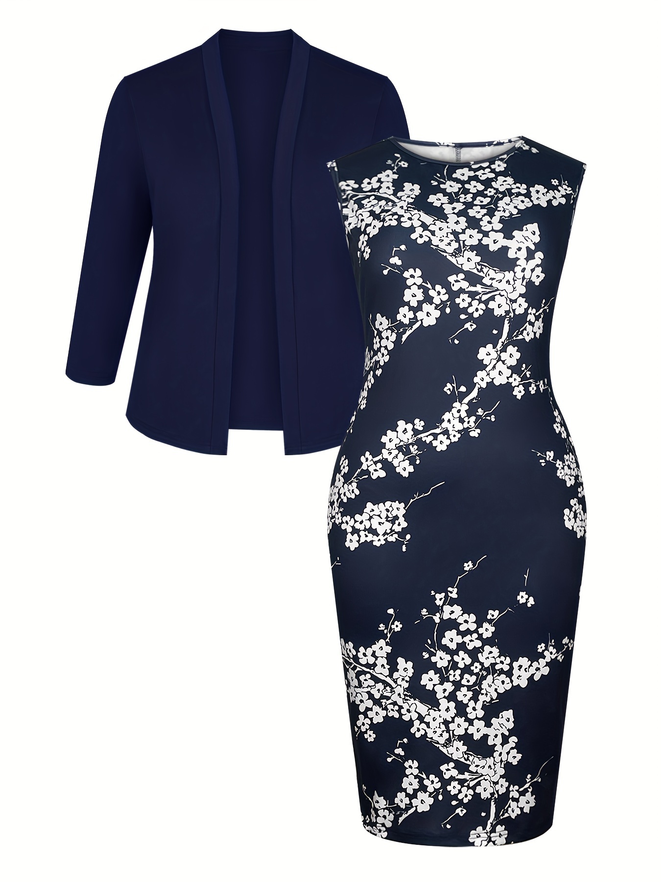 Ensemble robe à col rond sans manches à haute élasticité & blazer – Image 2