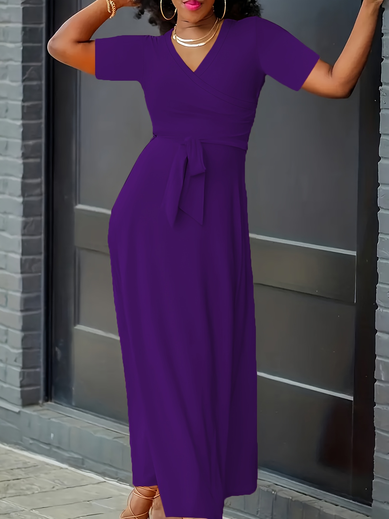 Robe élégante extensible à col V à manches cap à nouer à la taille – Image 11