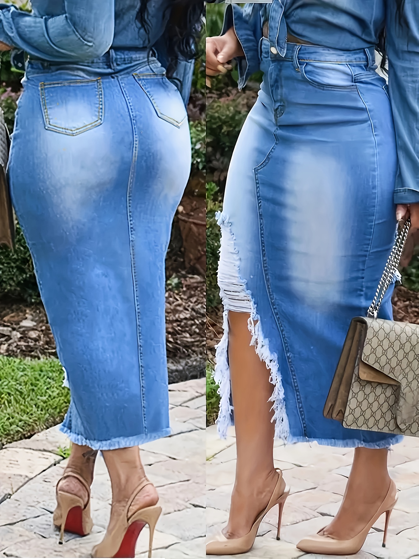 Jupe déchirée élastique taille haute en denim – Image 2