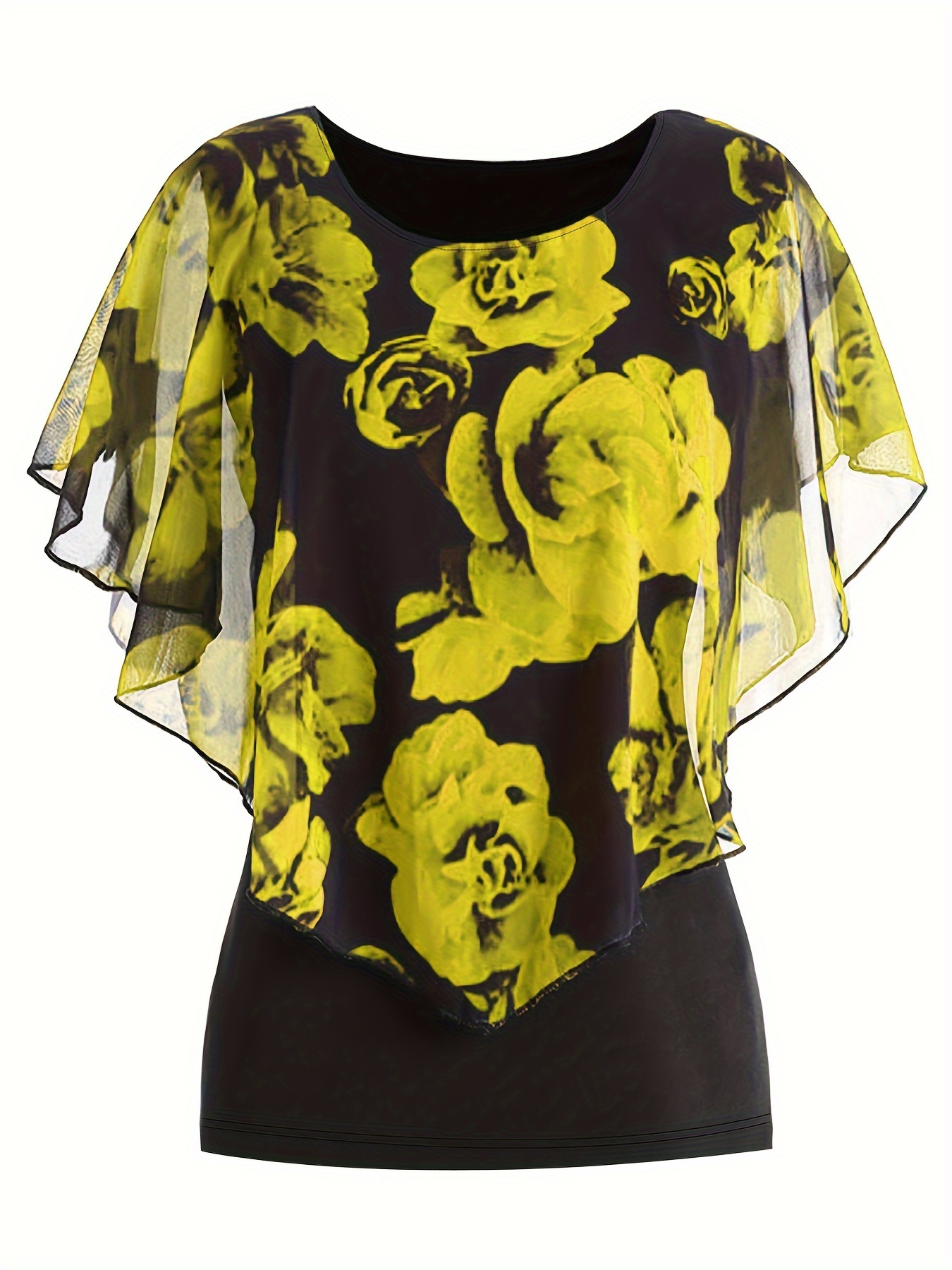 Blouse à col rond à manches chauve-souris en tissu extensible imprimé rose élégante avec illusion superposée – Image 3