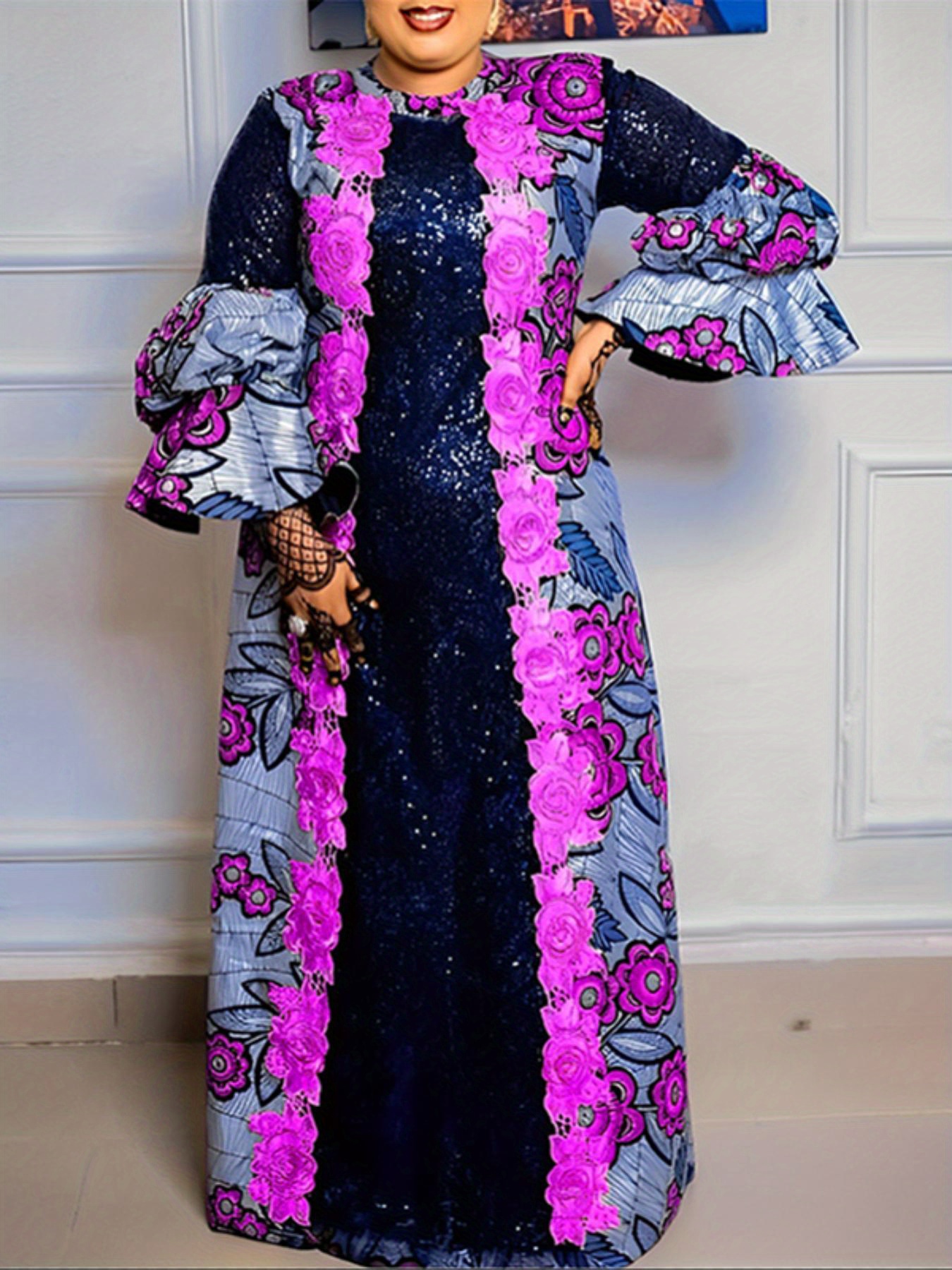 Robe africaine ample imprimé floral à manches longues à col rond en tissu tissé non extensible – Image 7