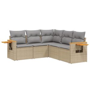 Salon de jardin avec coussins 5 pièces beige résine tressée