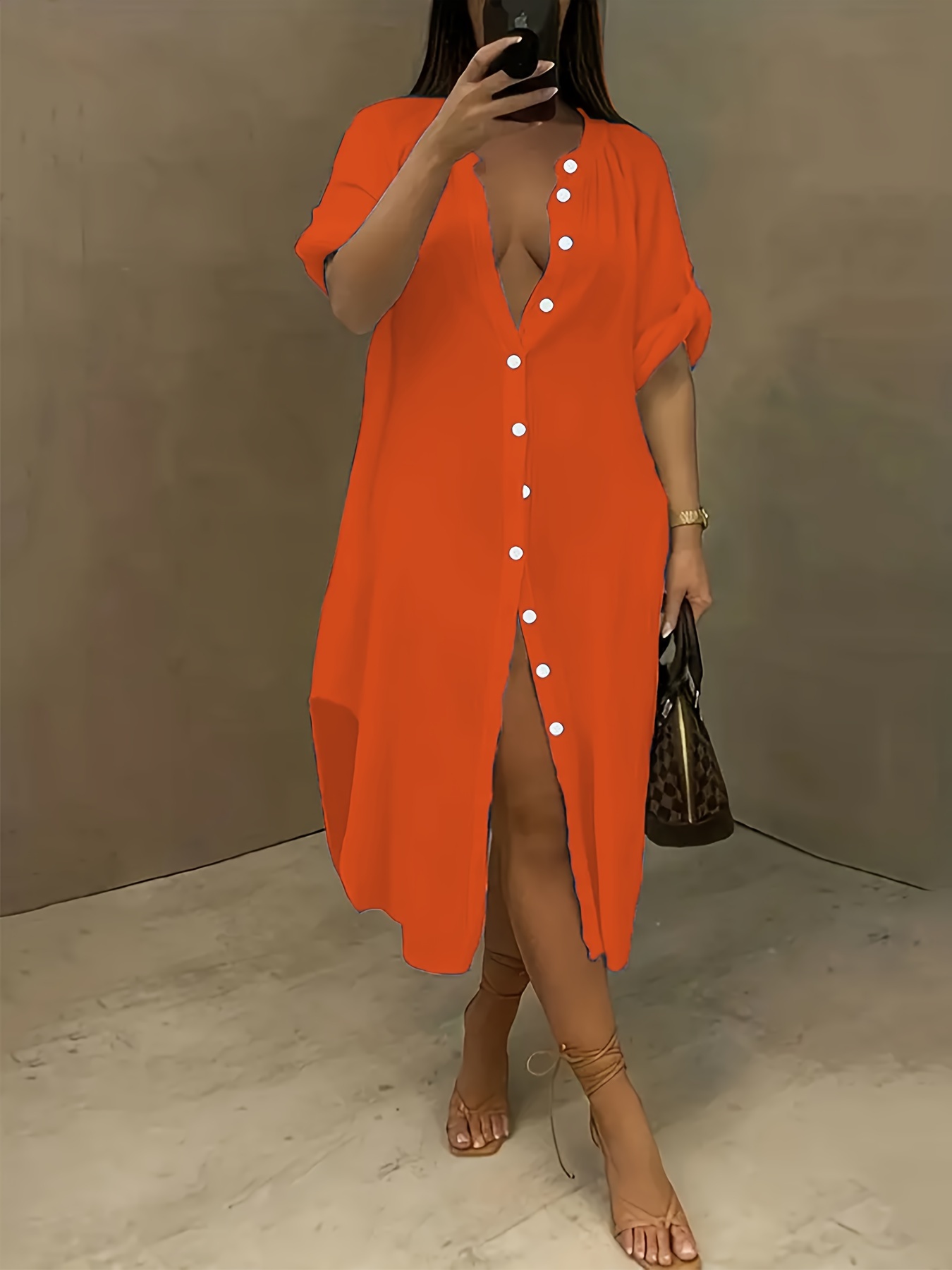 Robe chemise longue à manches roulées à col rond – Image 5