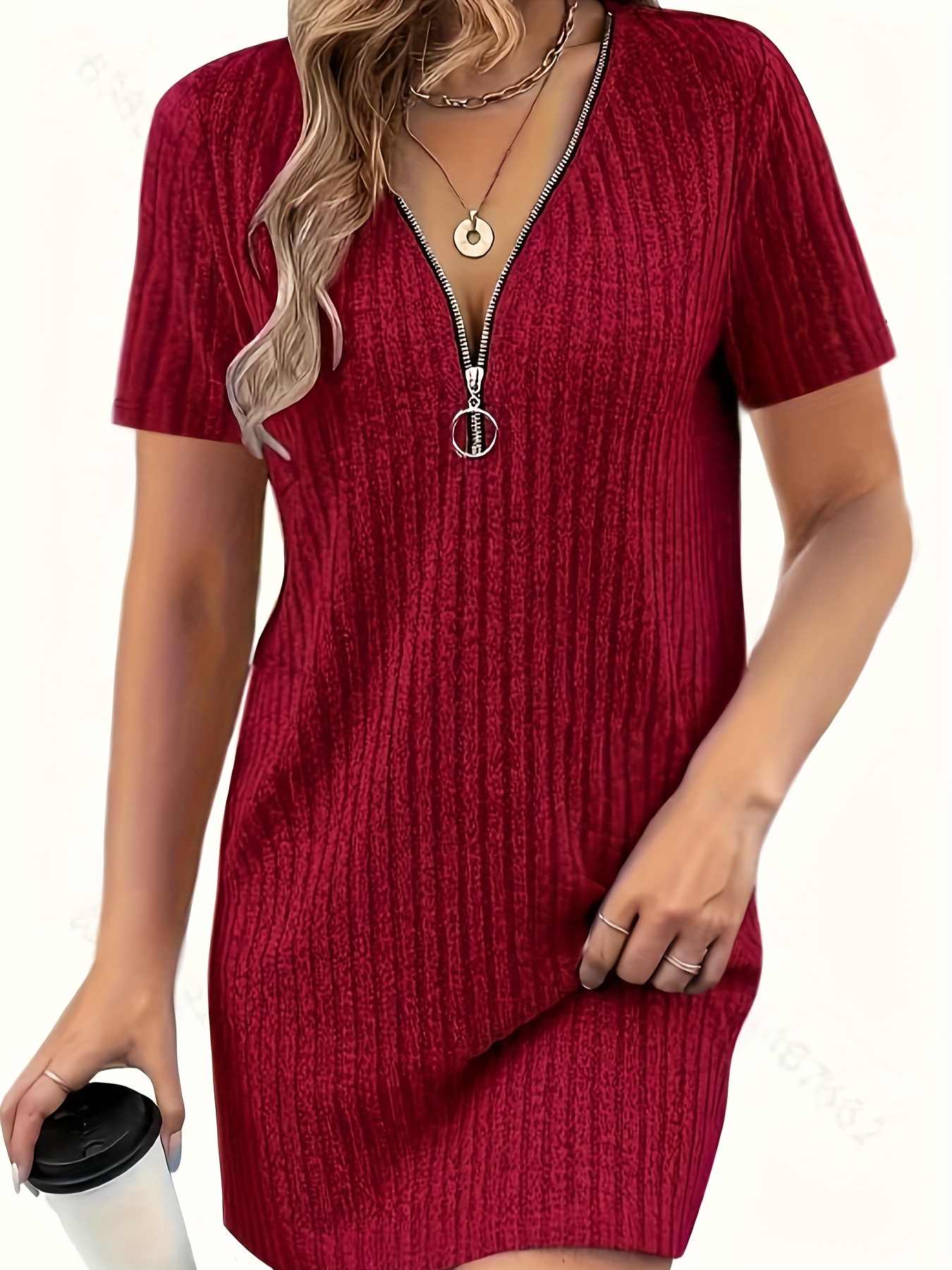 Robe sexy à manches courtes à col V avec fermeture à glissière – Image 4
