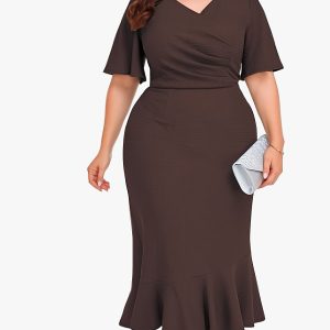 Robe sirène moulante extensible à manches courtes en col V avec ourlet à volants & plis