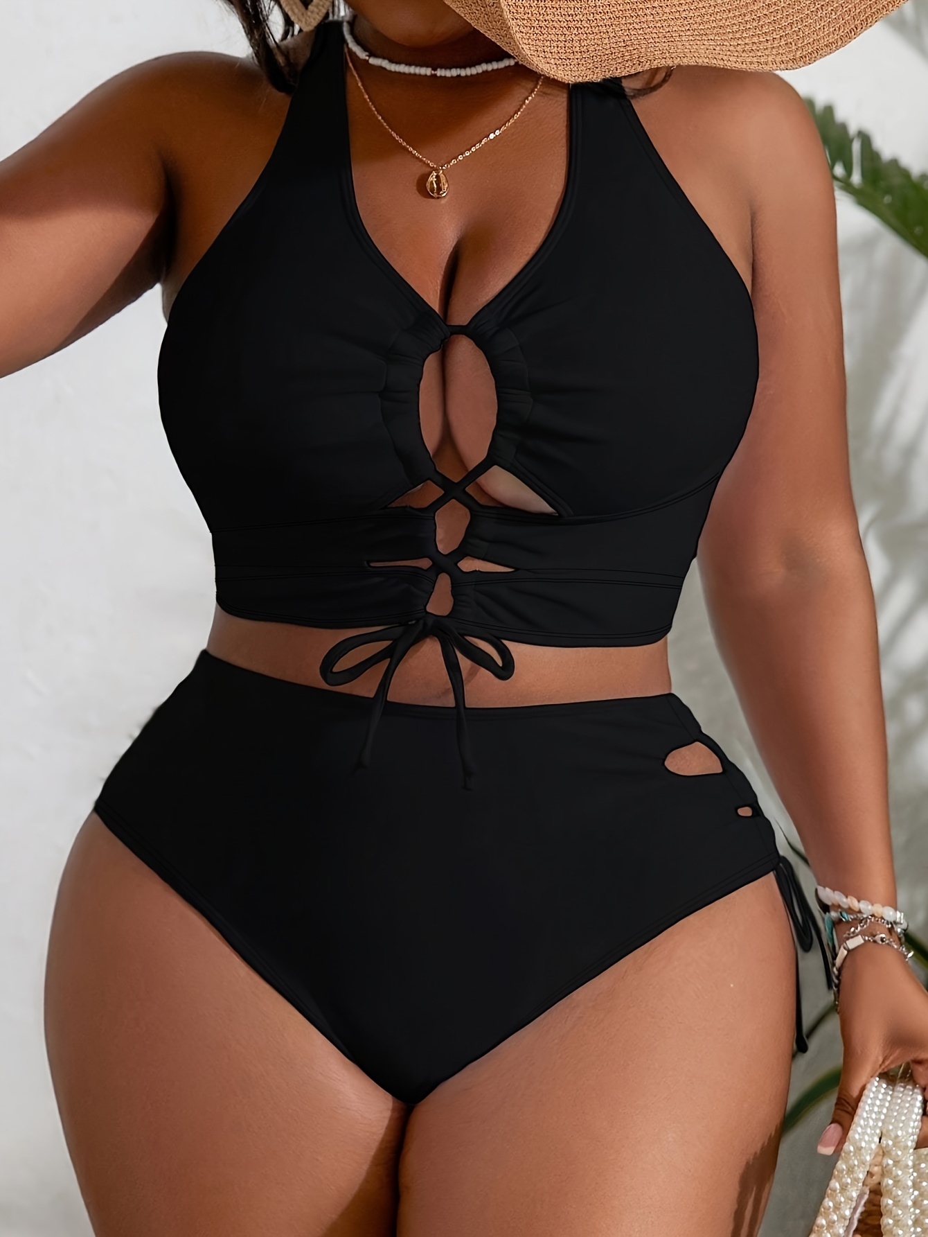 Bikini 2 pièces avec maillot, bustier à bretelles & cordes croisées – Image 2