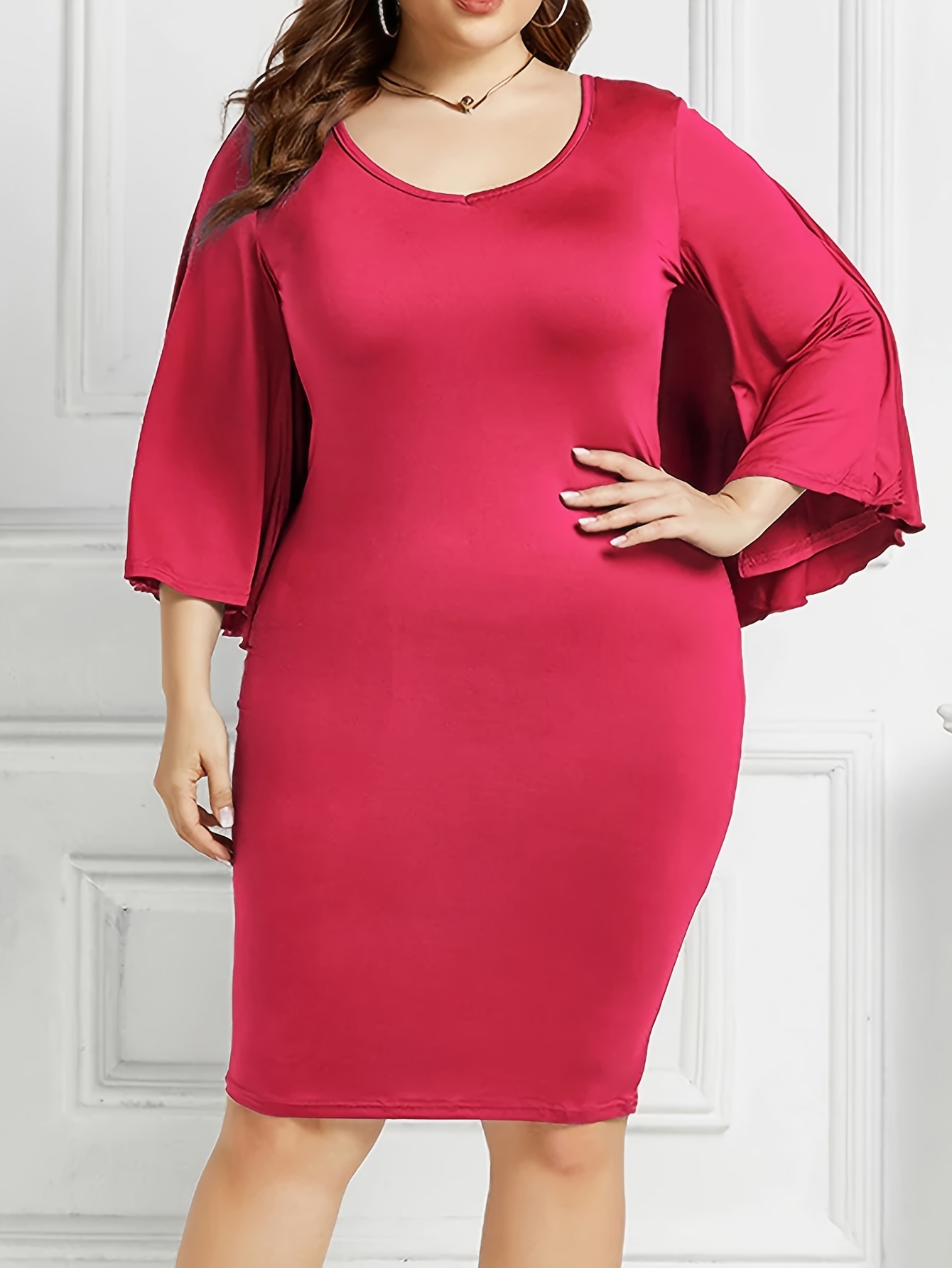 Robe sexy à manches chauve-souris superposées à encolure ronde & découpe dans le dos – Image 7