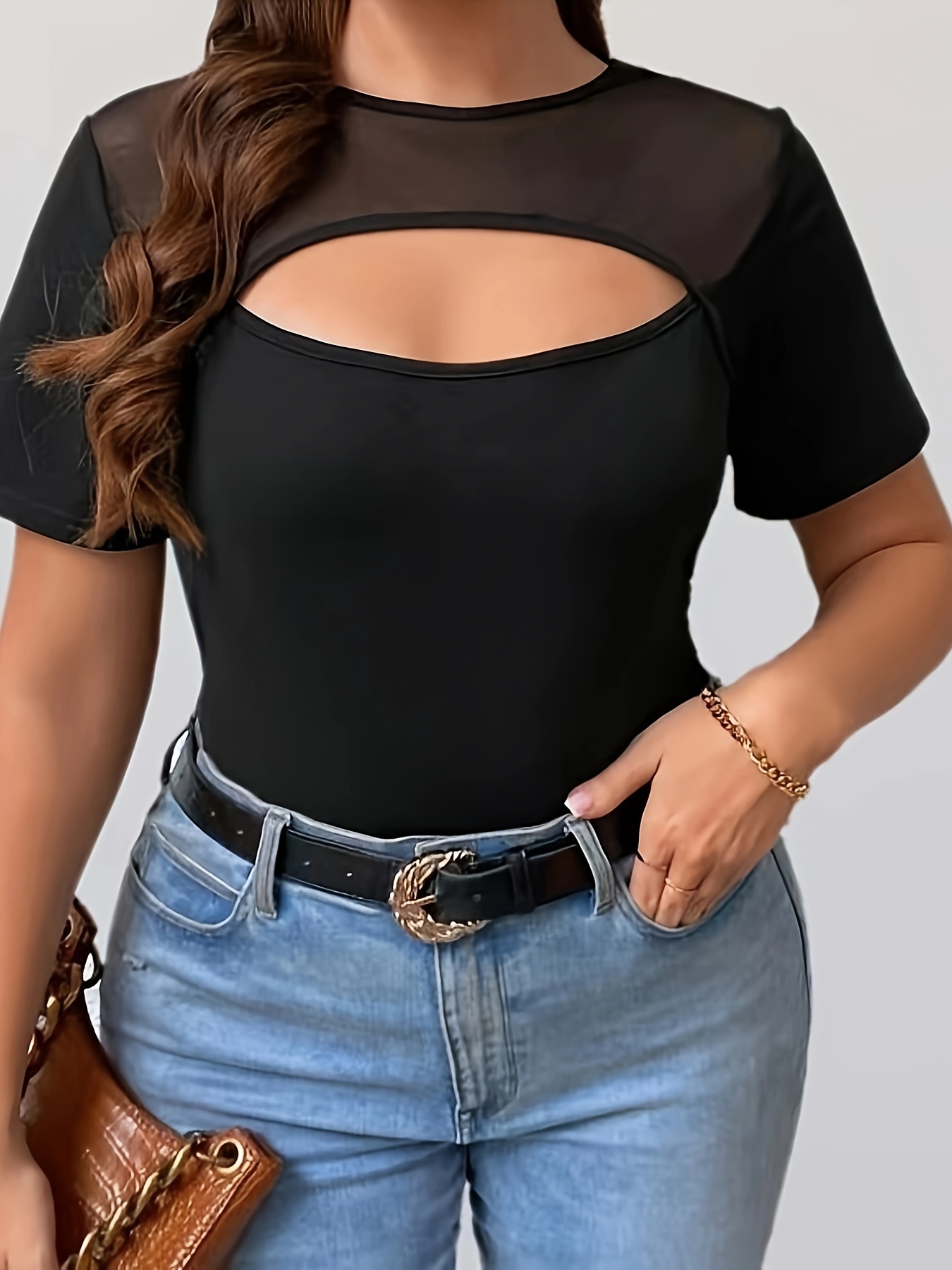 T-shirt élégant extensible décolleté avec détail en maille à manches courtes à col rond – Image 3
