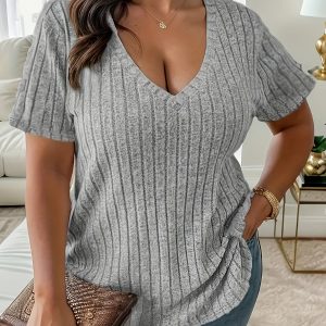 Pull à col V décolleté en tricot côtelé à manches volantes