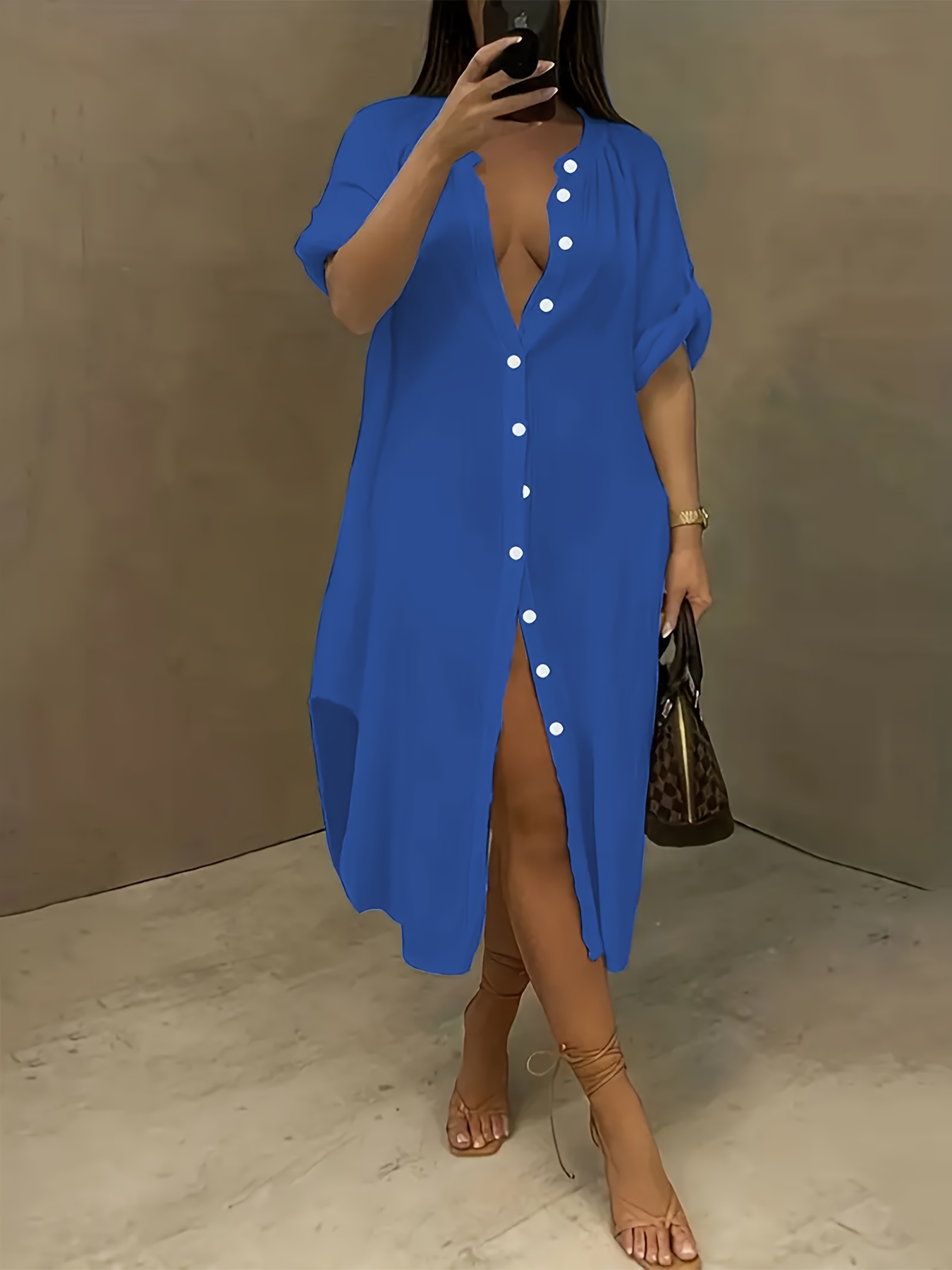 Robe chemise longue à manches roulées à col rond – Image 2
