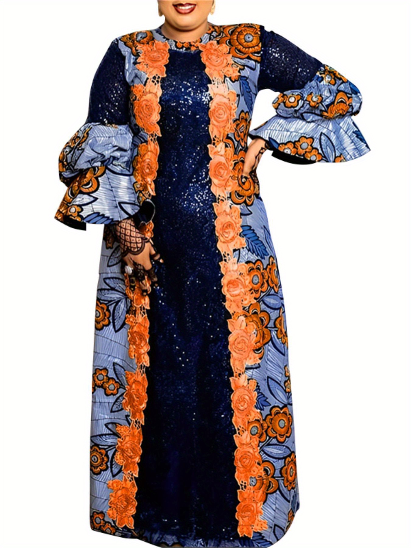 Robe africaine ample imprimé floral à manches longues à col rond en tissu tissé non extensible – Image 6