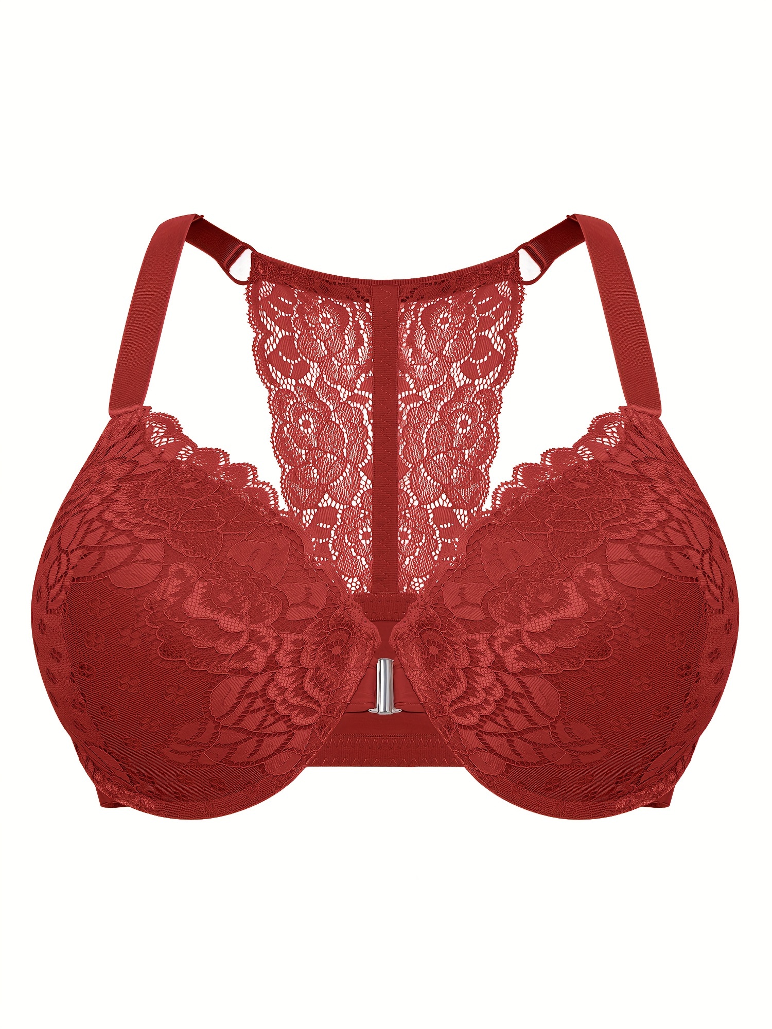 Soutiens gorge en dentelles à dos racine avec doublure légère & coussinets non amovibles à élasticité moyenne à détail floral en tissu tricoté – Image 3