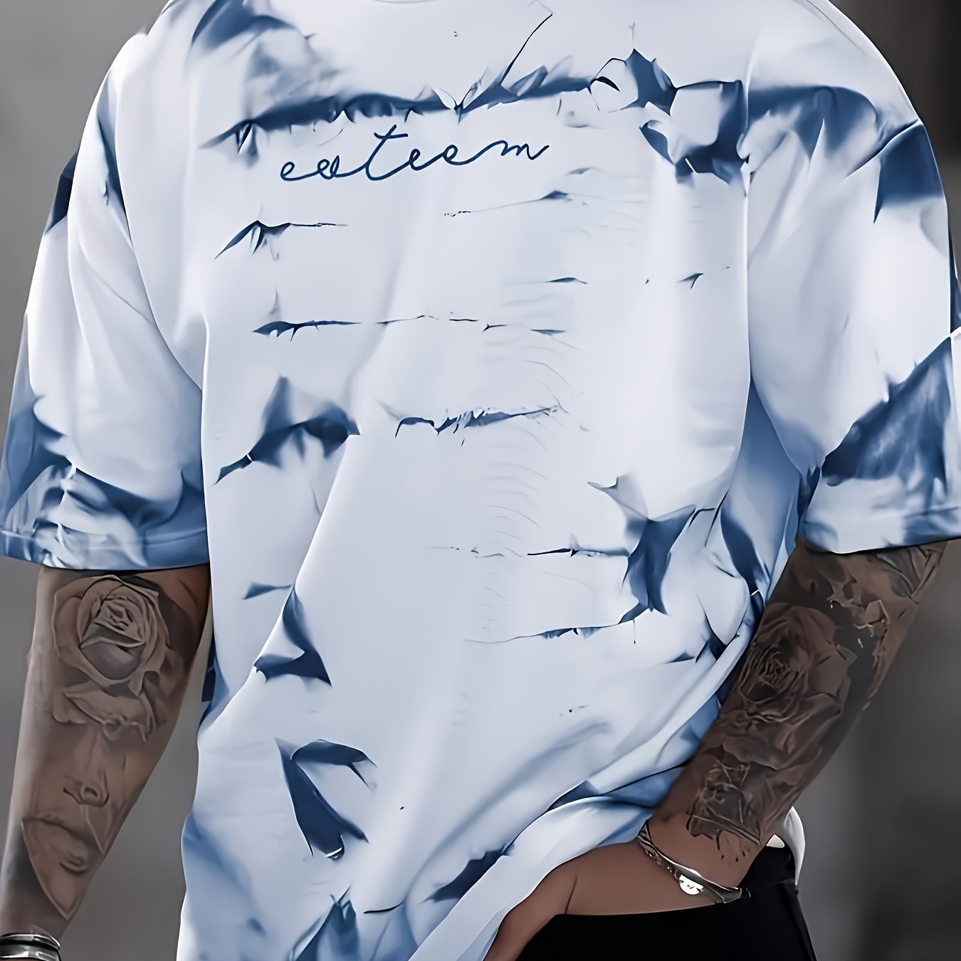 T-shirt imprimé 3D à col rond à manches courtes à style urbain avec design dynamique d'oiseau & d'encre