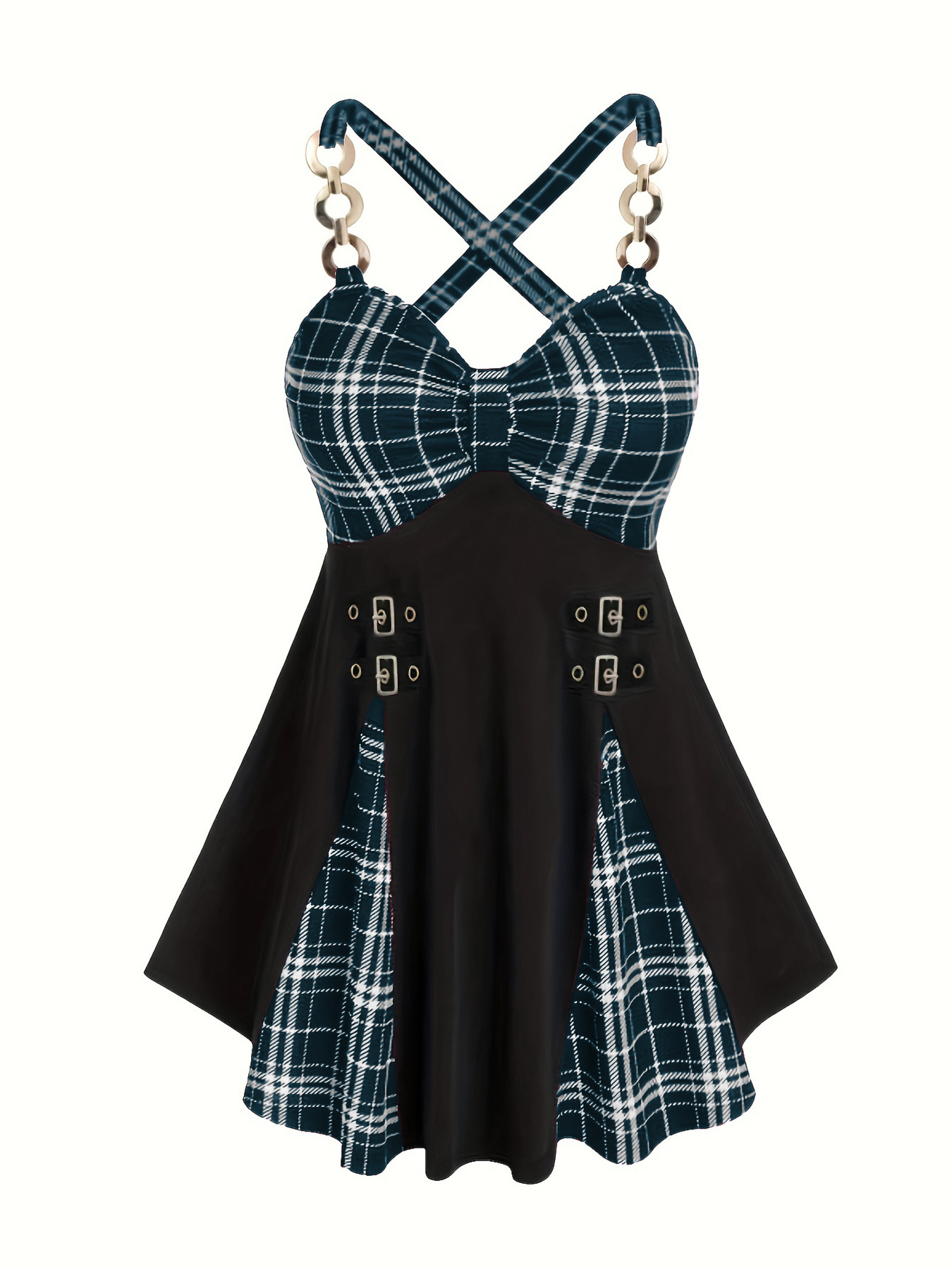 Robe élégante avec imprimé à carreaux & bretelles en métal sans manches – Image 5