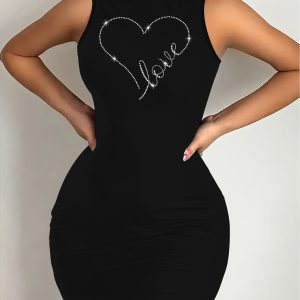 Robe moulante sans manches à col haut élégant ornée de strass en forme de coeur en tissu tricoté