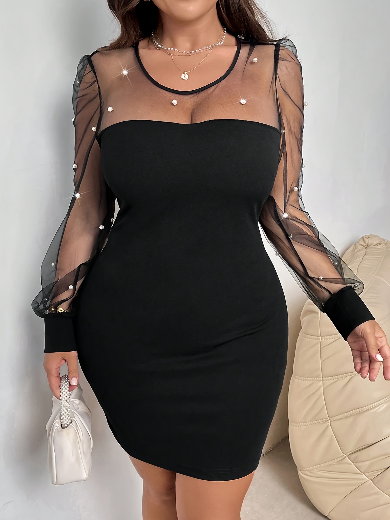 Robe moulante en tissu tricoté à col rond à élasticité moyenne avec détail en maille contrastée & fermeture éclair au dos – Image 4