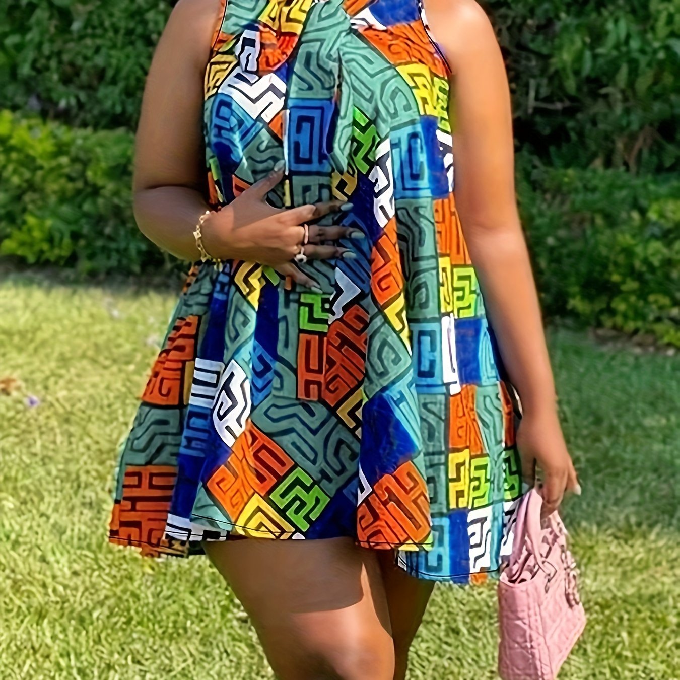 Robe débardeur imprimé géométrique sans manches à col rond