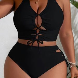 Bikini 2 pièces avec maillot, bustier à bretelles & cordes croisées