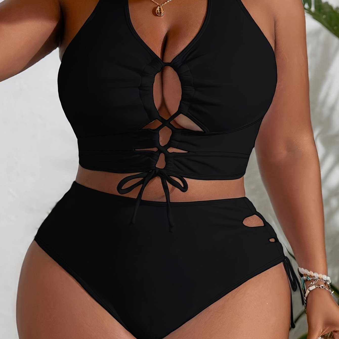 Bikini 2 pièces avec maillot, bustier à bretelles & cordes croisées