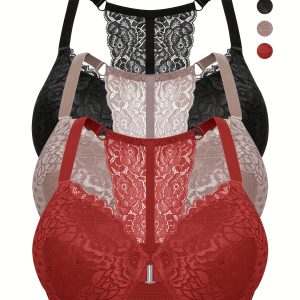 Soutiens gorge en dentelles à dos racine avec doublure légère & coussinets non amovibles à élasticité moyenne à détail floral en tissu tricoté