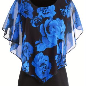 Blouse à col rond à manches chauve-souris en tissu extensible imprimé rose élégante avec illusion superposée