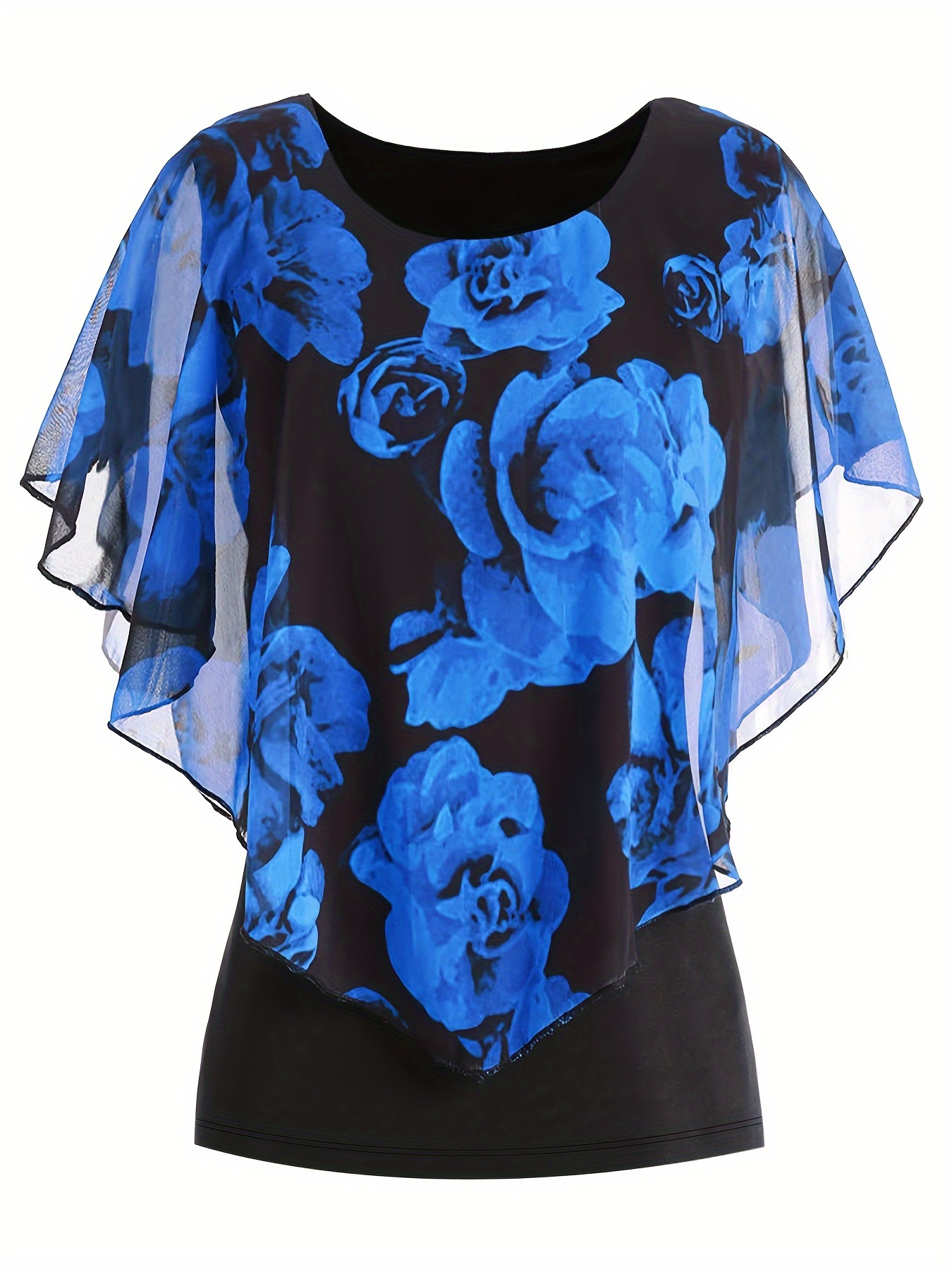 Blouse à col rond à manches chauve-souris en tissu extensible imprimé rose élégante avec illusion superposée