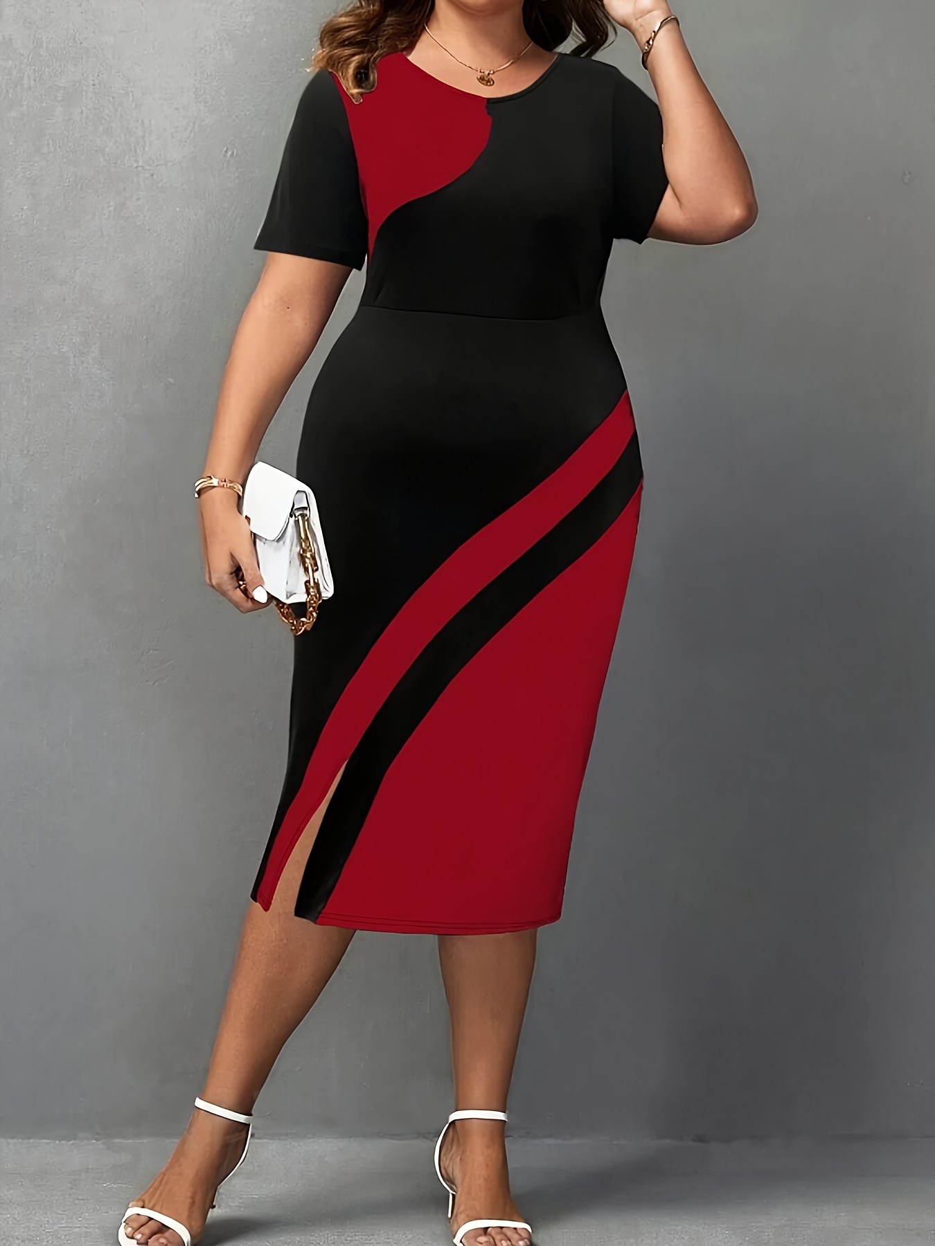 Robe crayon élégante à col rond à manches courtes avec ourlet fendu – Image 4