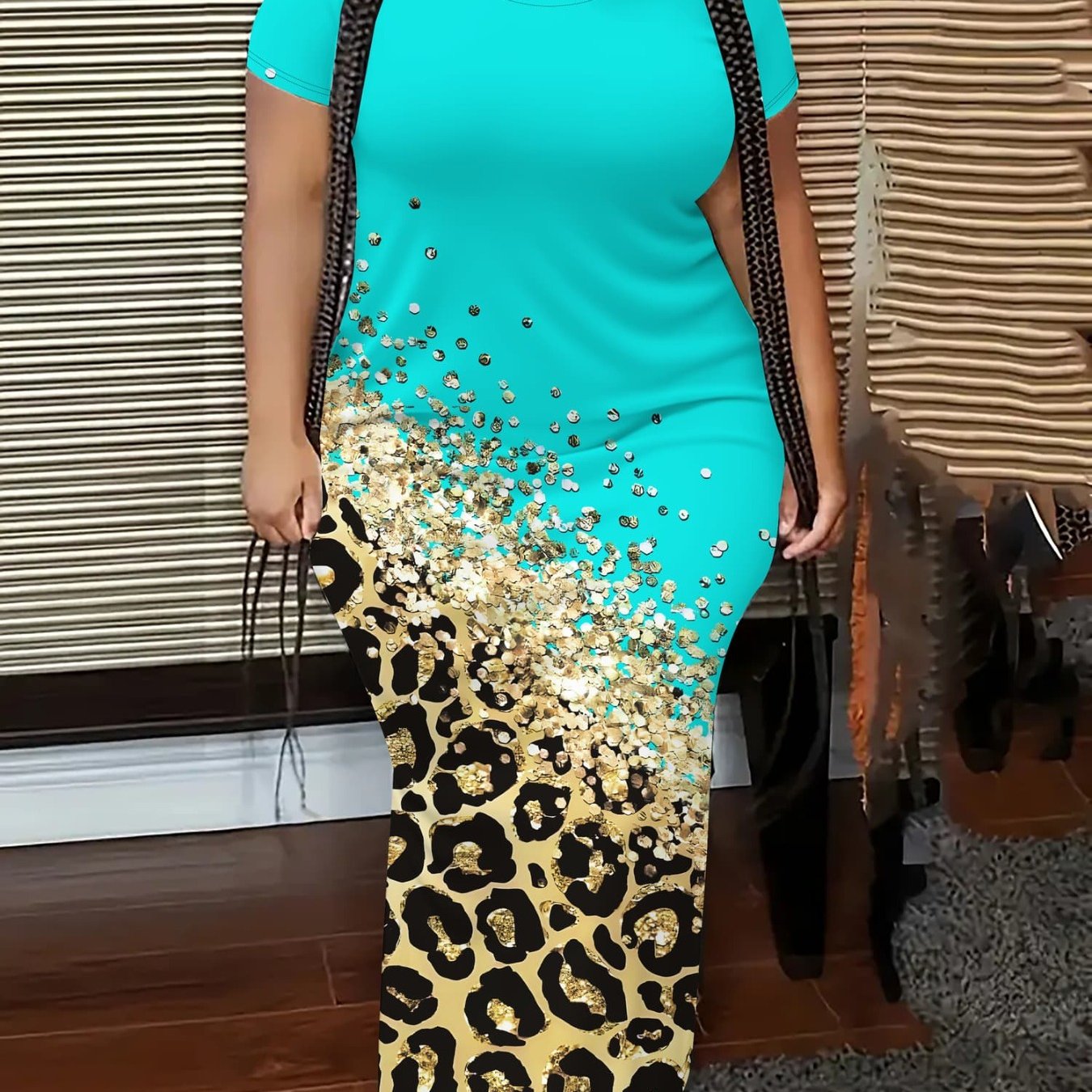 Robe moulante ajustée imprimé léopard à manches courtes à col rond à élasticité moyenne