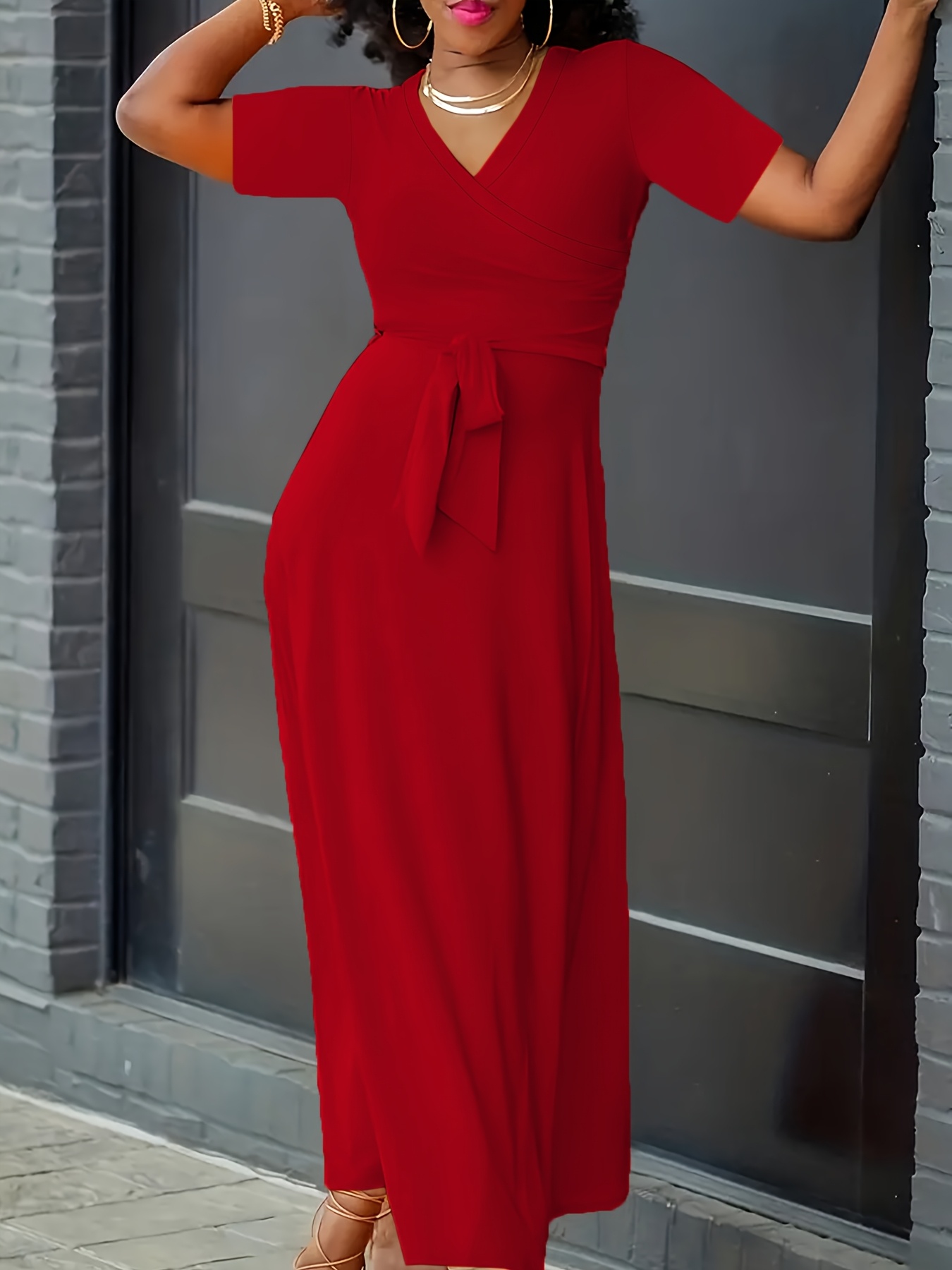 Robe élégante extensible à col V à manches cap à nouer à la taille – Image 9