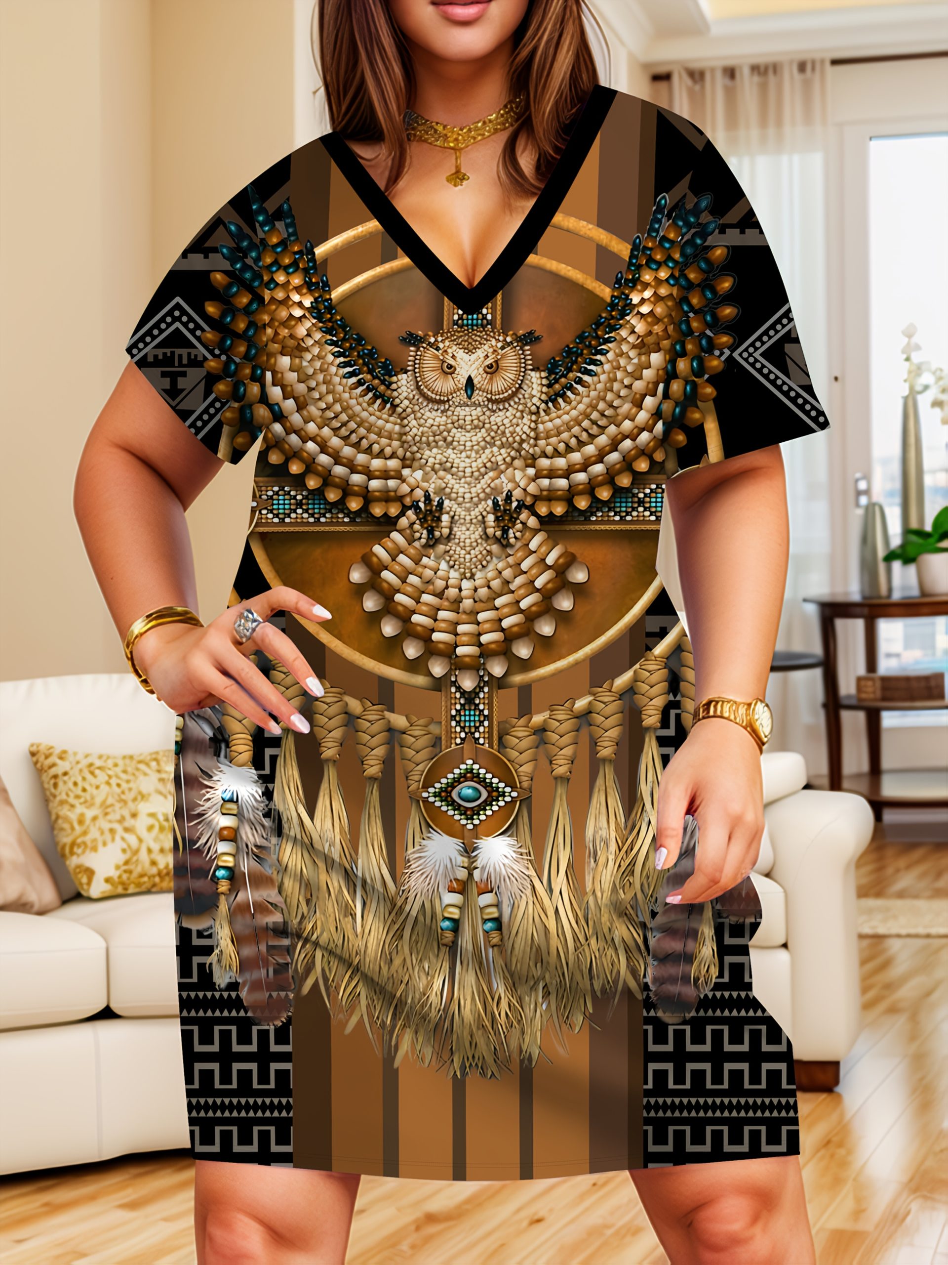 Robe à manches courtes à col V imprimée 3D ethnique avec motifs animaliers – Image 2